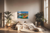 Sinus Art Wandbild 120x80cm Farbkräftige Boote auf spiegelndem Wasser mit Wald und Bergen im Hintergrund