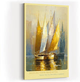 Paul Sinus Wandbild in 80x120cm Reflection Regatta – Goldene und weiße Segelboote in harmonischer Komposition auf spiegelndem Wasser