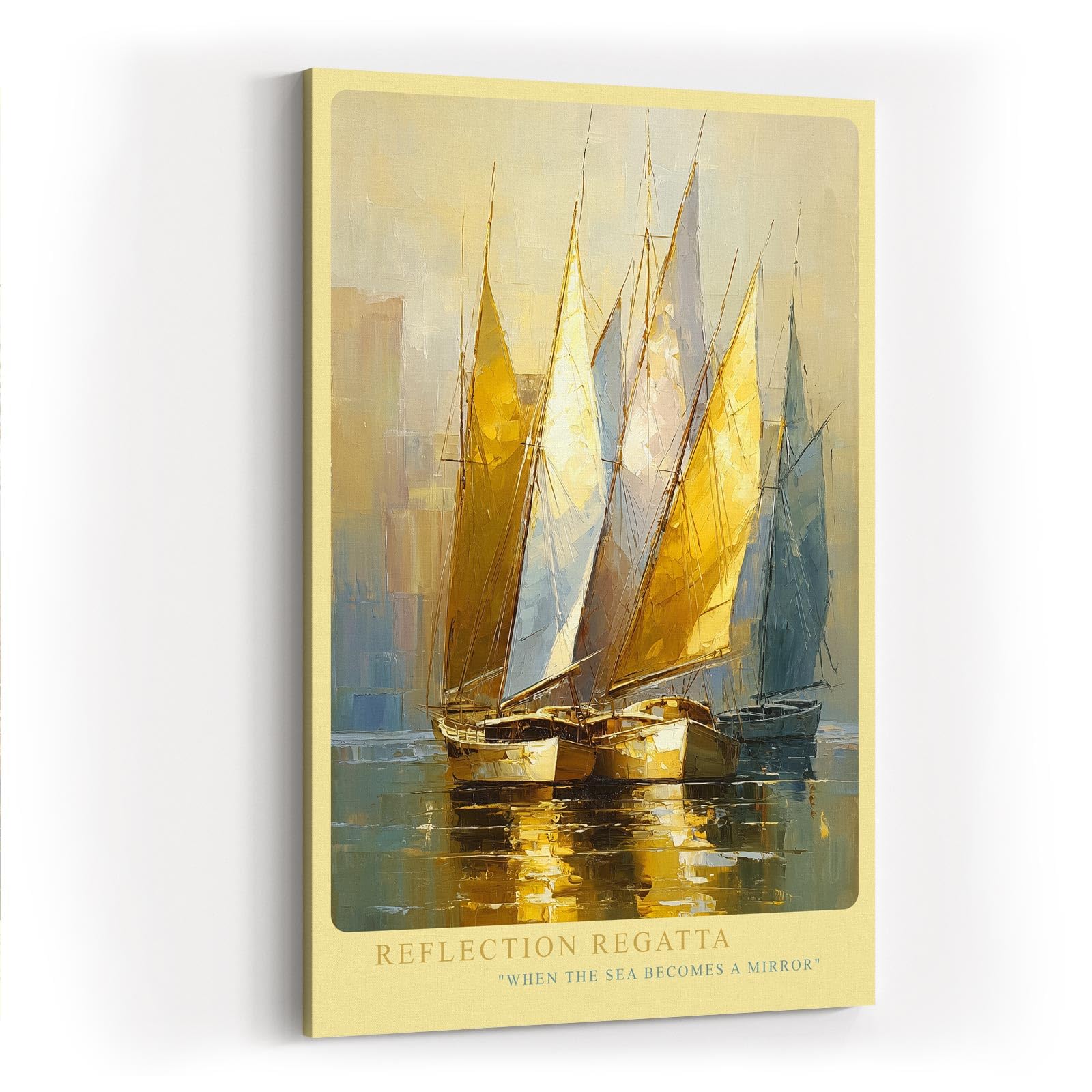 Paul Sinus Wandbild in 80x120cm Reflection Regatta – Goldene und weiße Segelboote in harmonischer Komposition auf spiegelndem Wasser