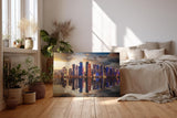Sinus Art Wandbild 120x80cm Moderne Skyline spiegelt sich im Wasser bei untergehender Sonne – urbanes Highlight