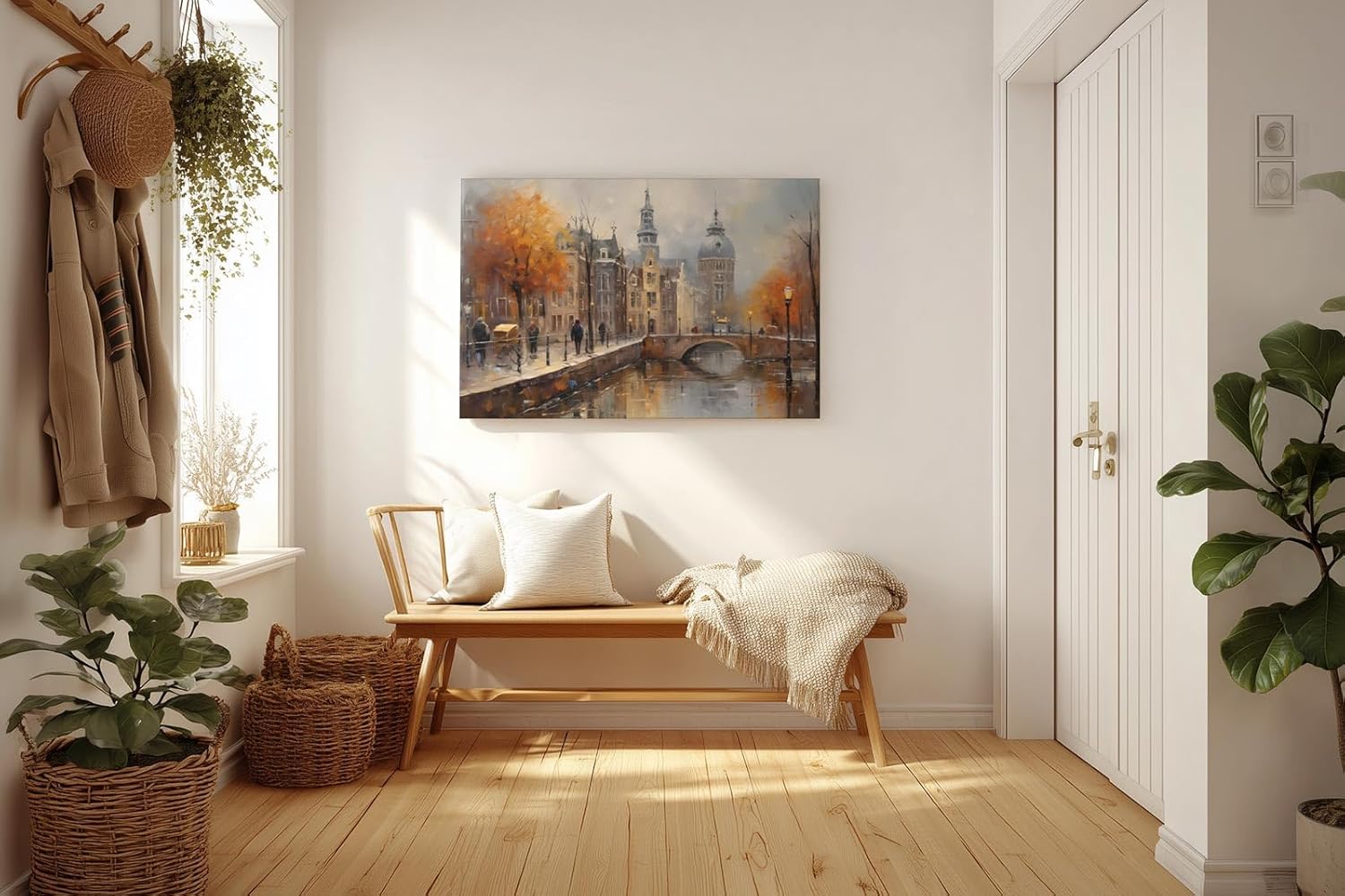 Sinus Art Wandbild 120x80cm Stimmungsvolle Darstellung von Amsterdam mit Kanal Brücke und Altstadt bei herbstlichem Licht