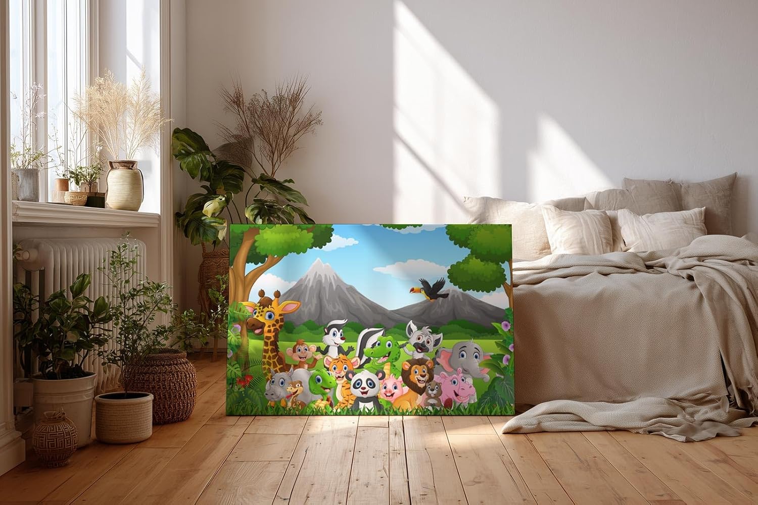 Sinus Art Wandbild 120x80cm Detailreich illustrierte Tiergruppe mit Panda, Tiger, Giraffe, Affe, Elefant u. v. m.