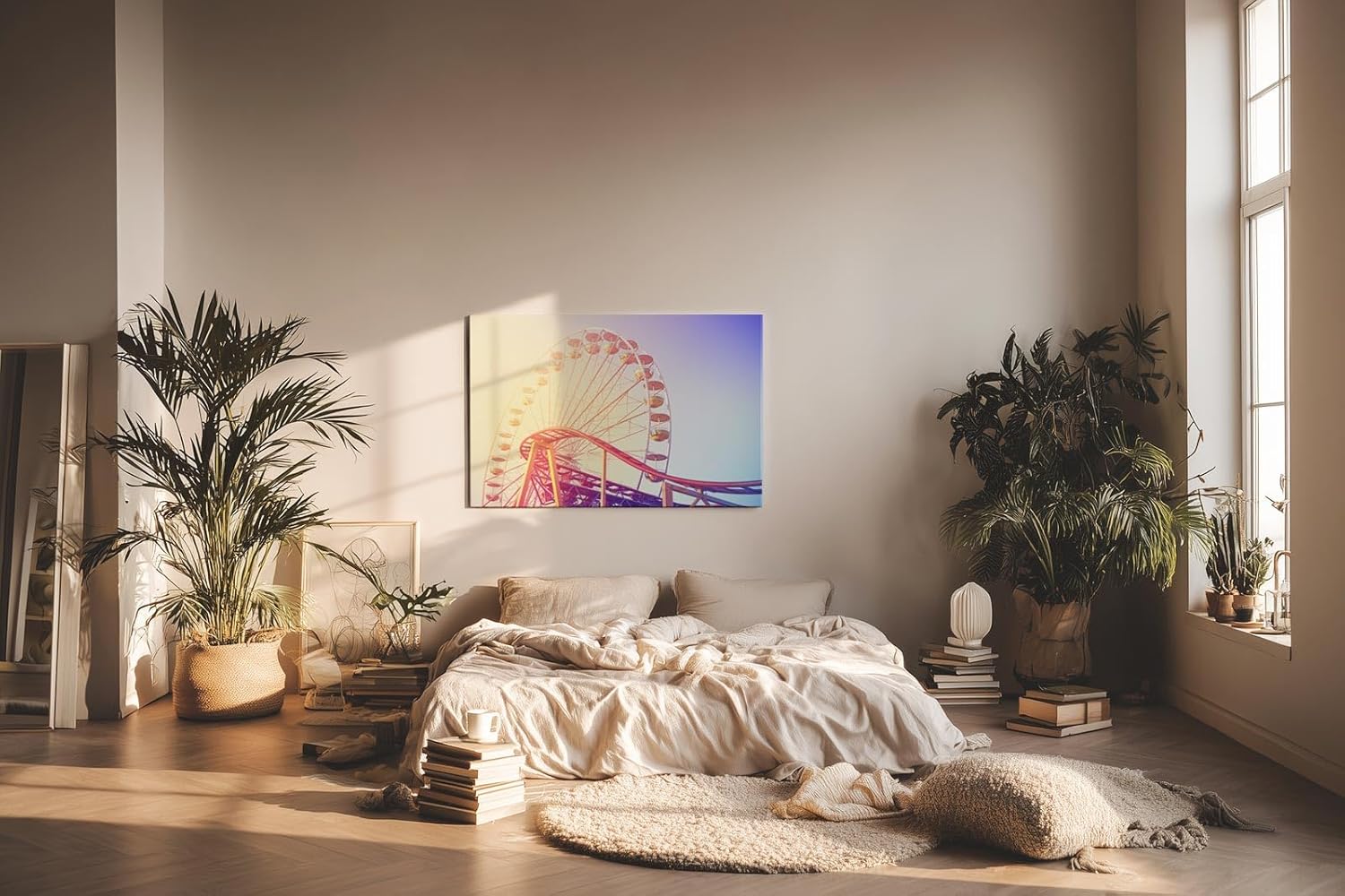 Sinus Art Wandbild 120x80cm Farbenfrohes Riesenrad mit Achterbahn im Vordergrund für nostalgische Dynamik