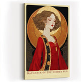 Paul Sinus Wandbild in 40x60cm Daughter of the Hidden Sun Stilisiertes Frauenporträt in Rot und Gold mit ornamentalen Details für luxuriöse Raumgestaltung