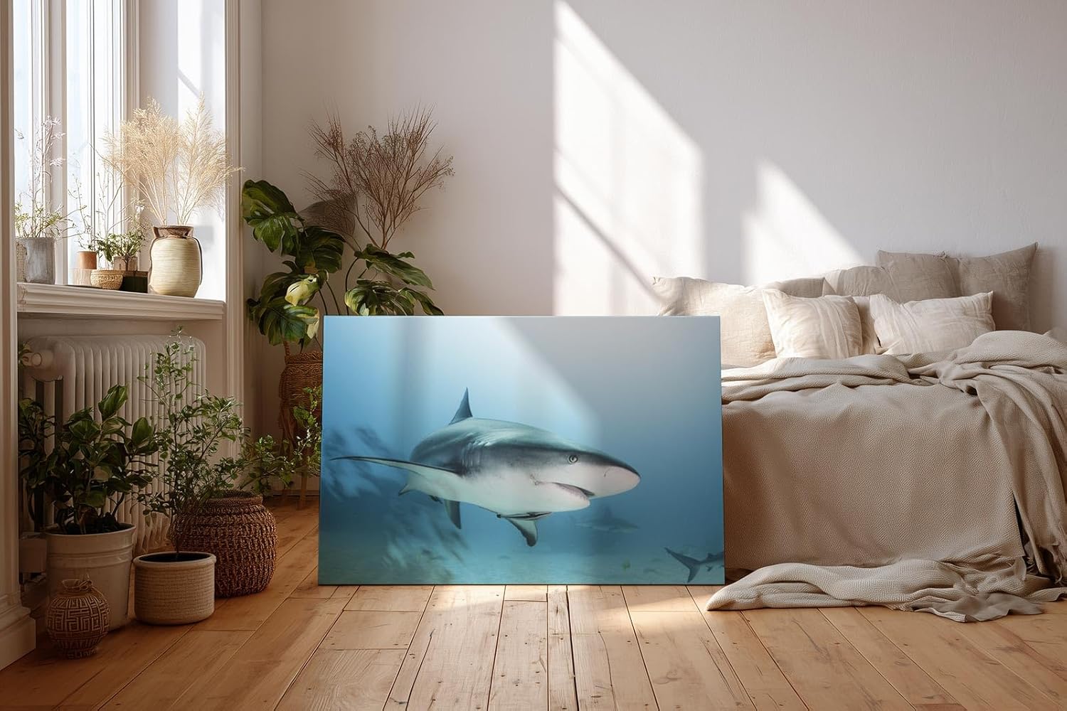 Sinus Art Wandbild 120x80cm Fesselndes Tiermotiv mit realistischer Darstellung eines Haies im Tiefblau