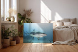 Sinus Art Wandbild 120x80cm Fesselndes Tiermotiv mit realistischer Darstellung eines Haies im Tiefblau
