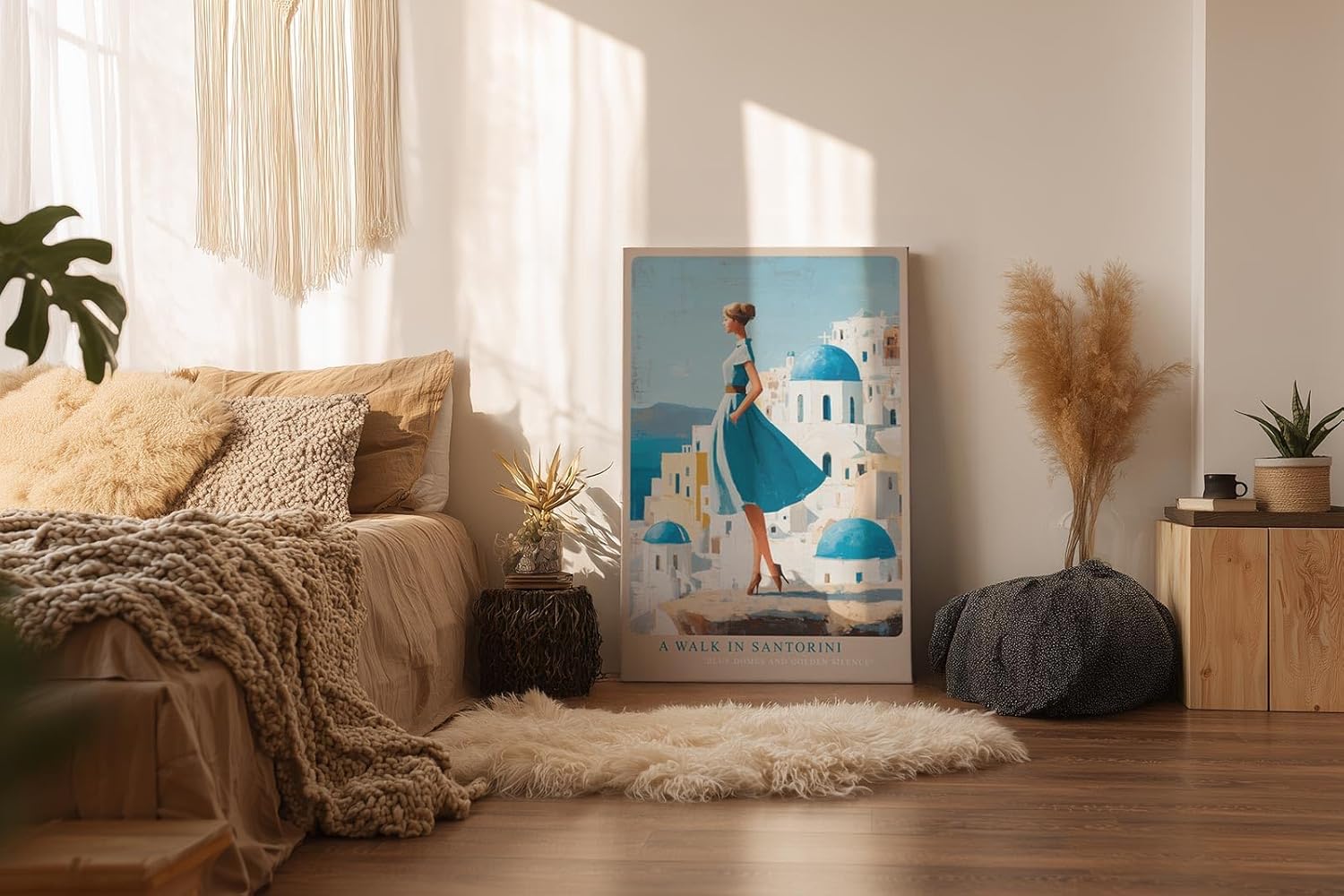 Paul Sinus Wandbild in 40x60cm A Walk in Santorini – Frau im blauen Kleid vor weißen Häusern und blauen Kuppeln, mediterrane Idylle