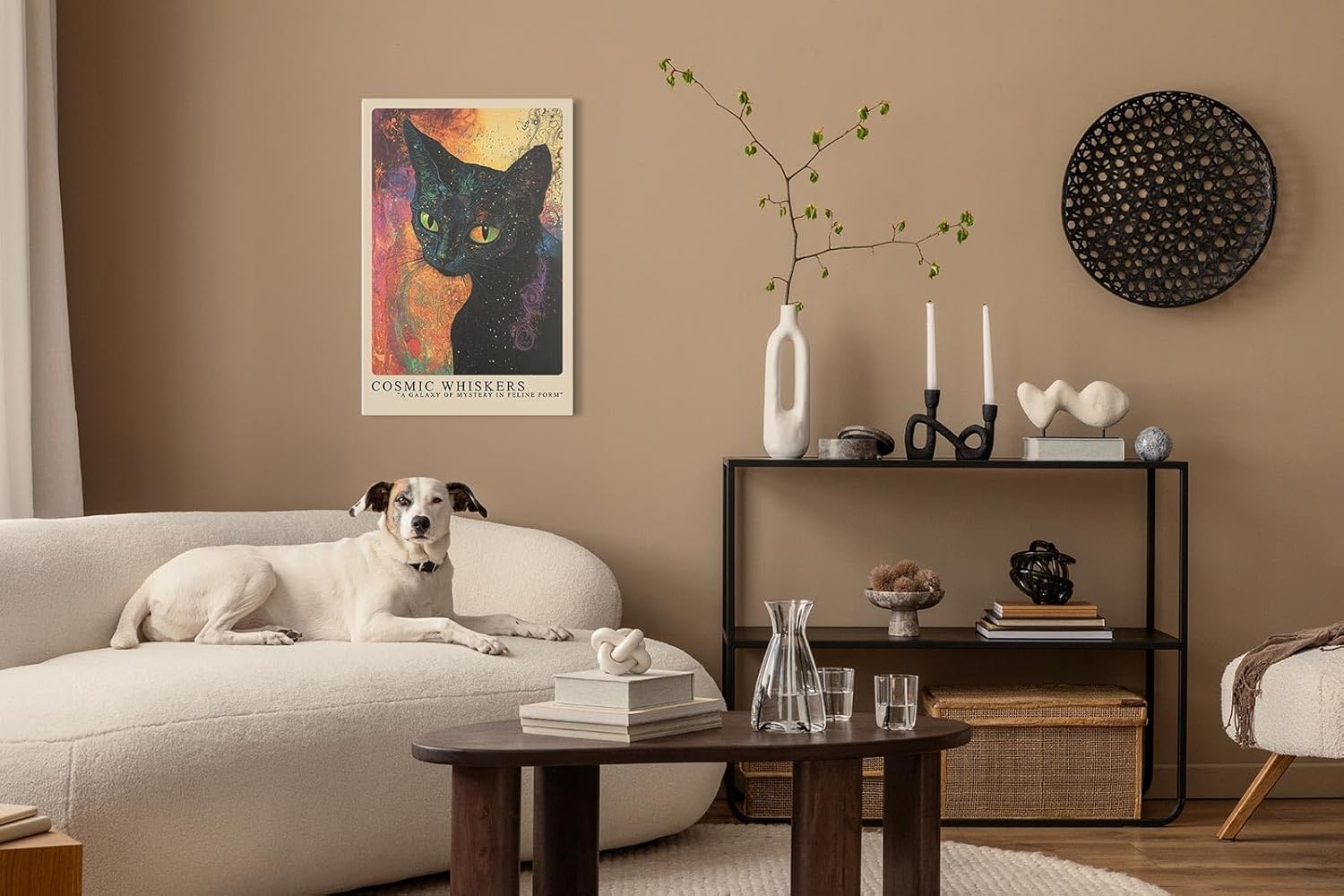 Paul Sinus Leinwandbild 60x90cm faszinierende Darstellung einer kosmischen Katze mit leuchtenden Augen, kunstvolle Wandkunst in galaktischen Farben