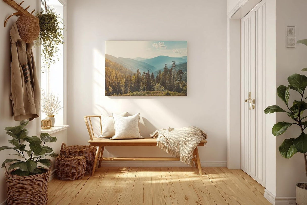 Sinus Art Wandbild 120x80cm Weiche Hügelketten mit bewaldeten Flanken im Sonnenlicht für ruhige Raumatmosphäre