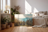 Sinus Art Wandbild 120x80cm Weiche Hügelketten mit bewaldeten Flanken im Sonnenlicht für ruhige Raumatmosphäre