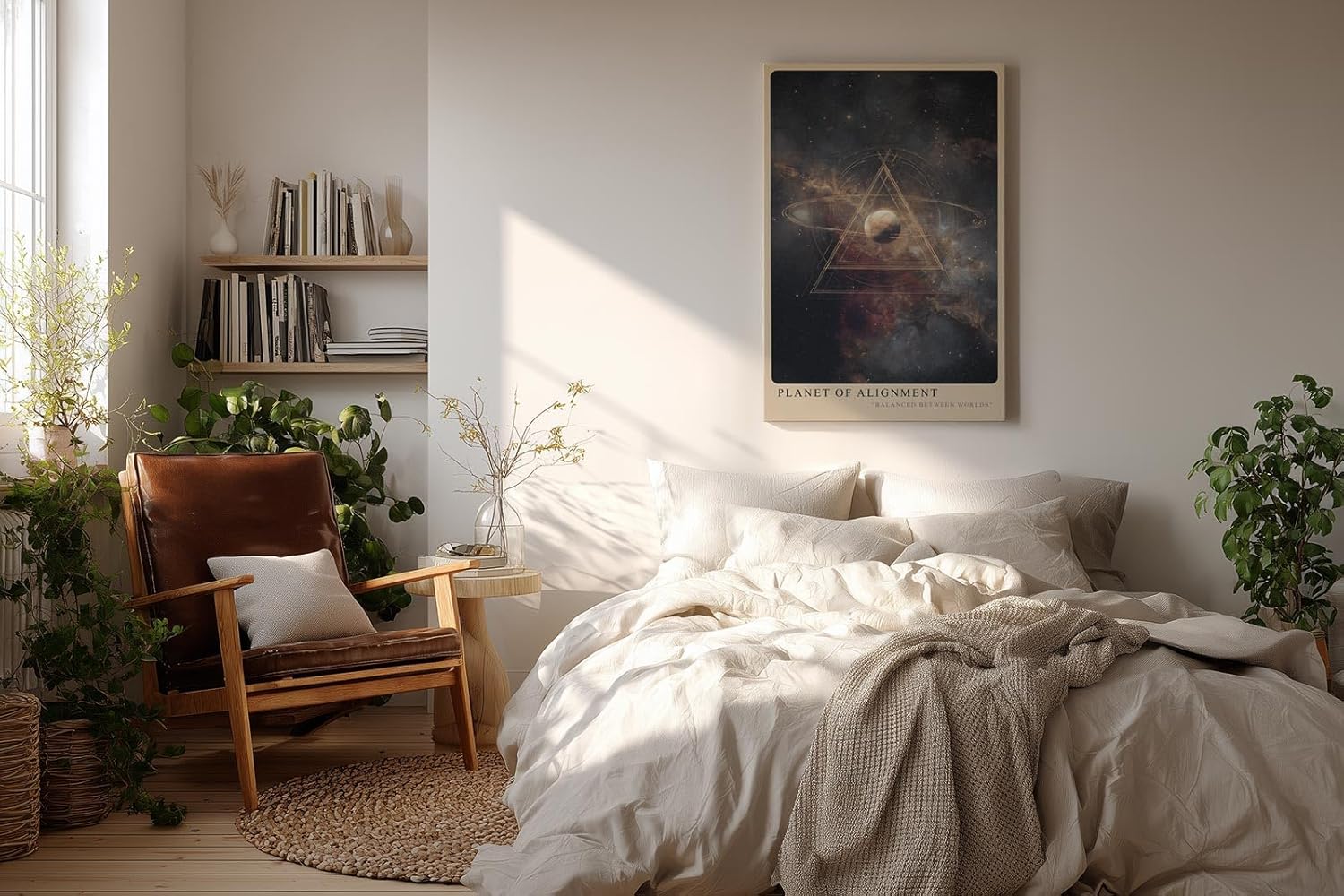 Paul Sinus Wandbild in 40x60cm Planet of Alignment – Künstlerische Darstellung eines Planeten mit goldenem Dreieck inmitten farbenprächtiger Galaxienlandschaft