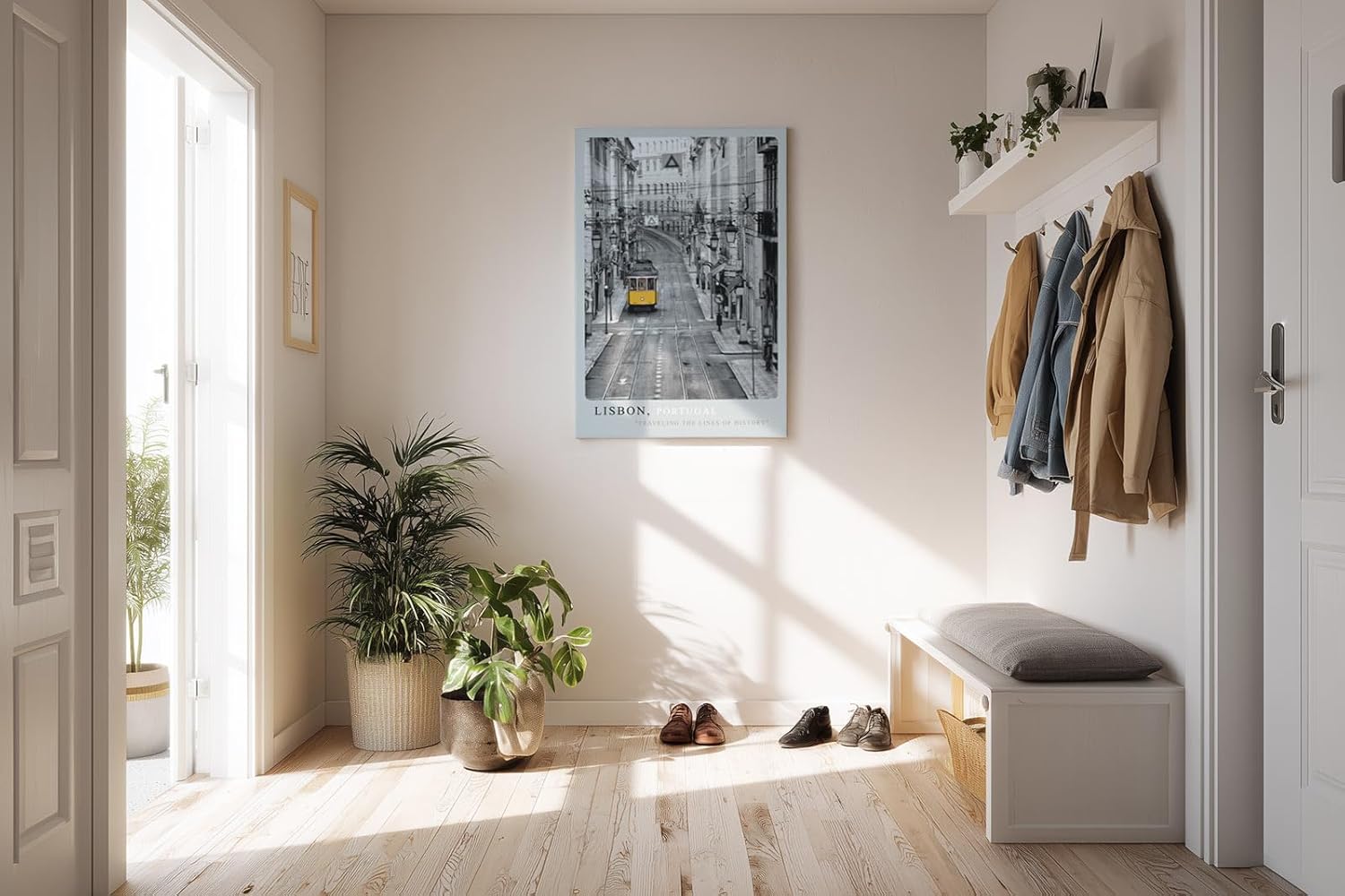 Paul Sinus Kunstdruck 40x60cm Lissabon mit gelber Straßenbahn – historisches Stadtbild mit farbigem Akzent in Schwarzweiß