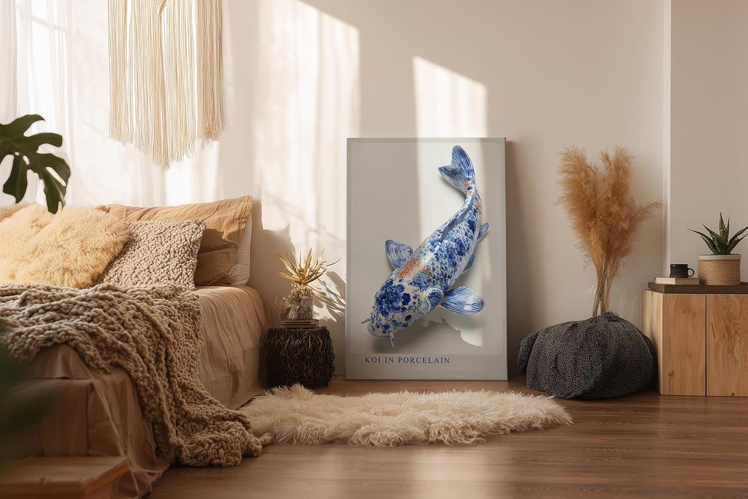 Paul Sinus Wandbild in 40x60cm Koi in Porcelain – kunstvoller Koi-Fisch in Blau-Weiß mit feinen Porzellanmustern und dezentem Farbakzent