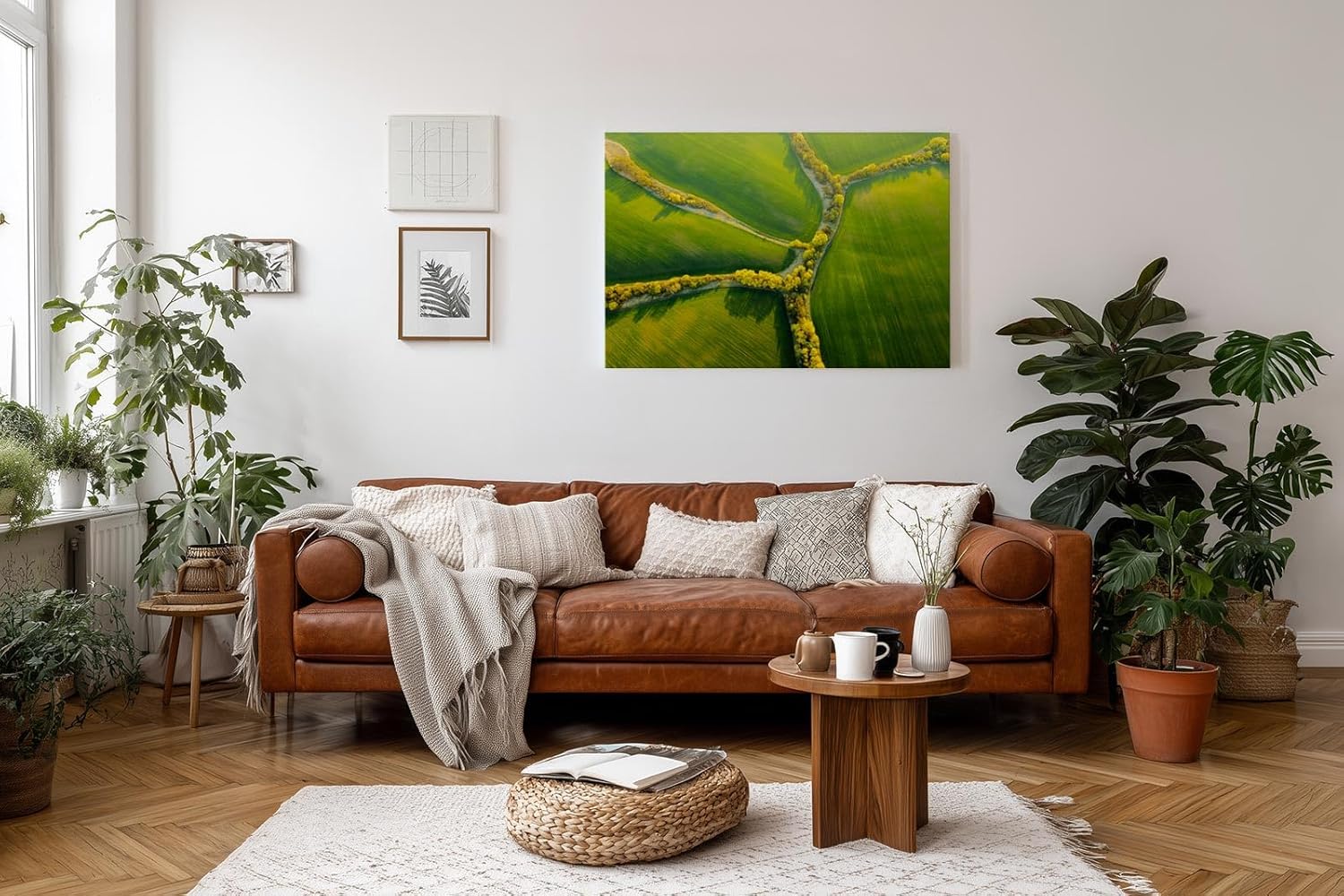 Sinus Art Wandbild 120x80cm Atemberaubende Luftaufnahme mit geometrisch verlaufenden Baumreihen auf sattem Grün