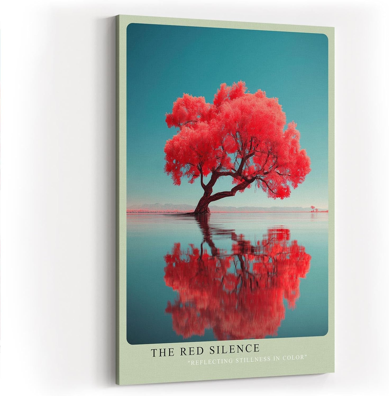 Paul Sinus Wandbild in 40x60cm The Red Silence – leuchtend roter Baum im Wasser mit Spiegelung, moderne Naturfotokunst