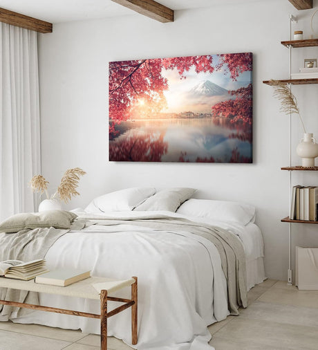 Paul Sinus Wandbild 120x80cm Japan Fuji Berg Baumkrone Herbstblätter Fischerboot