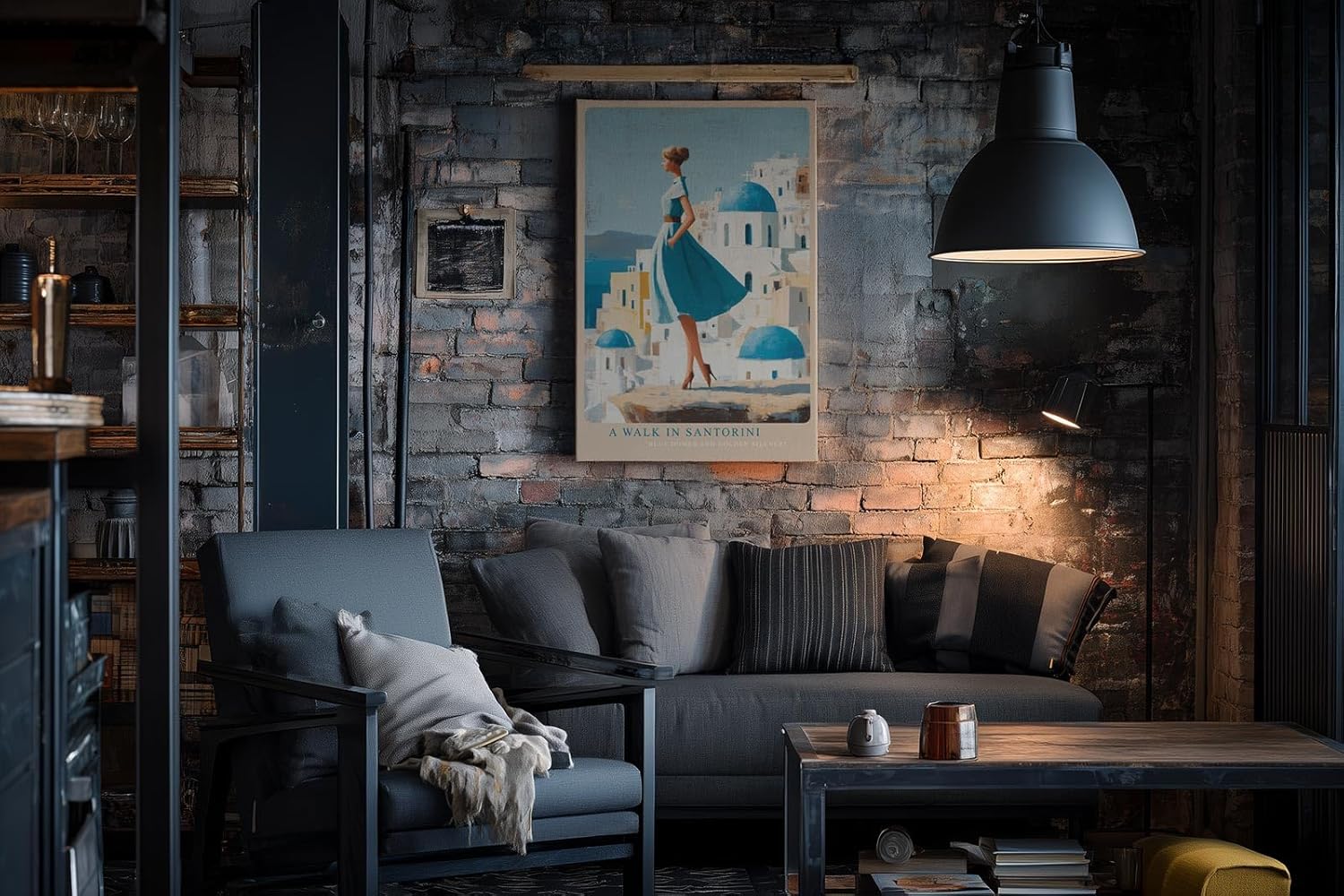 Paul Sinus Wandbild in 40x60cm A Walk in Santorini – Frau im blauen Kleid vor weißen Häusern und blauen Kuppeln, mediterrane Idylle