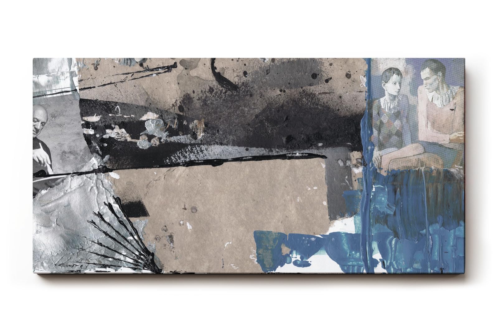 Sinus Art Wandbild 120x80cm Collage aus Porträts, Symbolen und grafischen Flächen in Blau, Grau und Beige