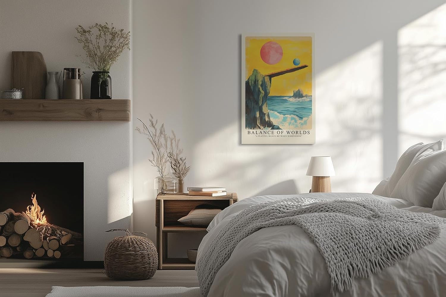 Paul Sinus Leinwandbild 60x90cm Leinwandbild Balance der Welten – Surreale Landschaft mit schwebenden Planeten und schwebender Plattform
