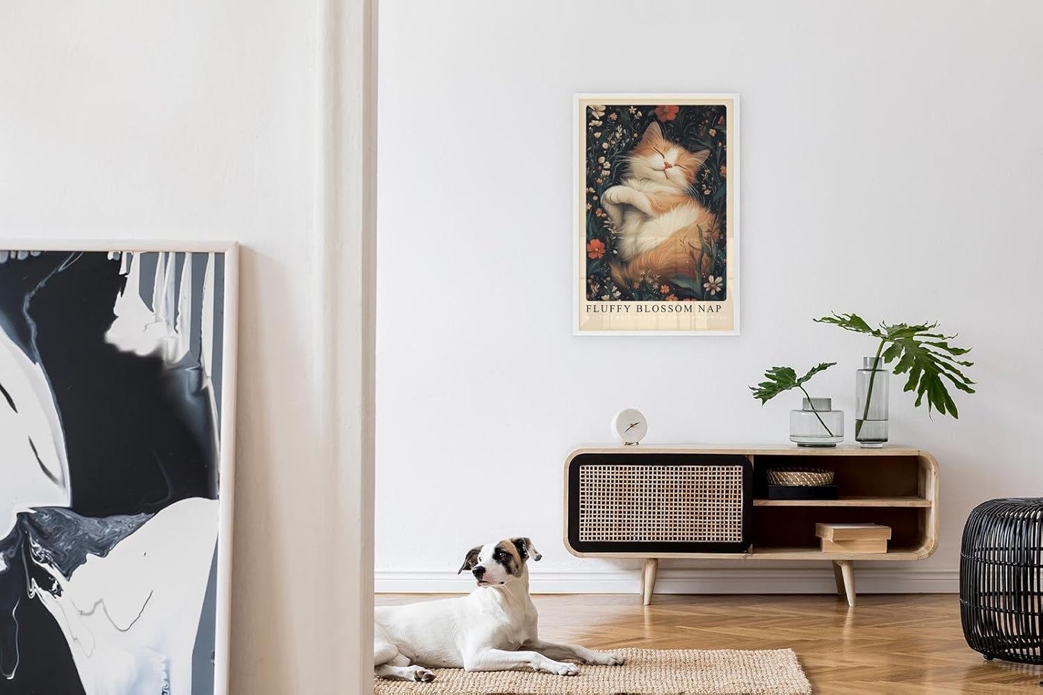 Paul Sinus Leinwandbild 80x120cm verträumtes Kunstwerk einer schlafenden Katze inmitten blühender Blumen, harmonische Naturillustration