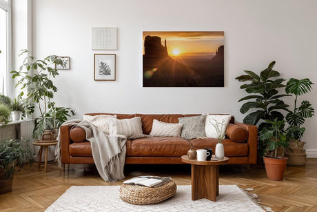 Sinus Art Wandbild 120x80cm Dramatische Landschaft mit Felsformationen im Gegenlicht der aufgehenden Sonne erzeugt Weite und Ruhe