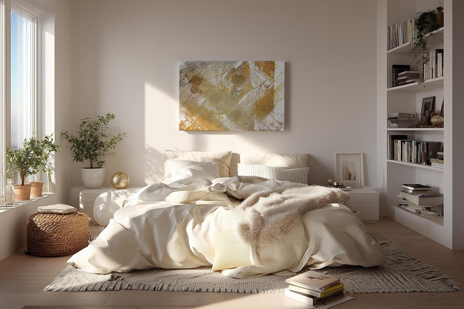 Sinus Art Wandbild 120x80cm Goldfarbene geometrische Formen und Linien auf hellem Hintergrund