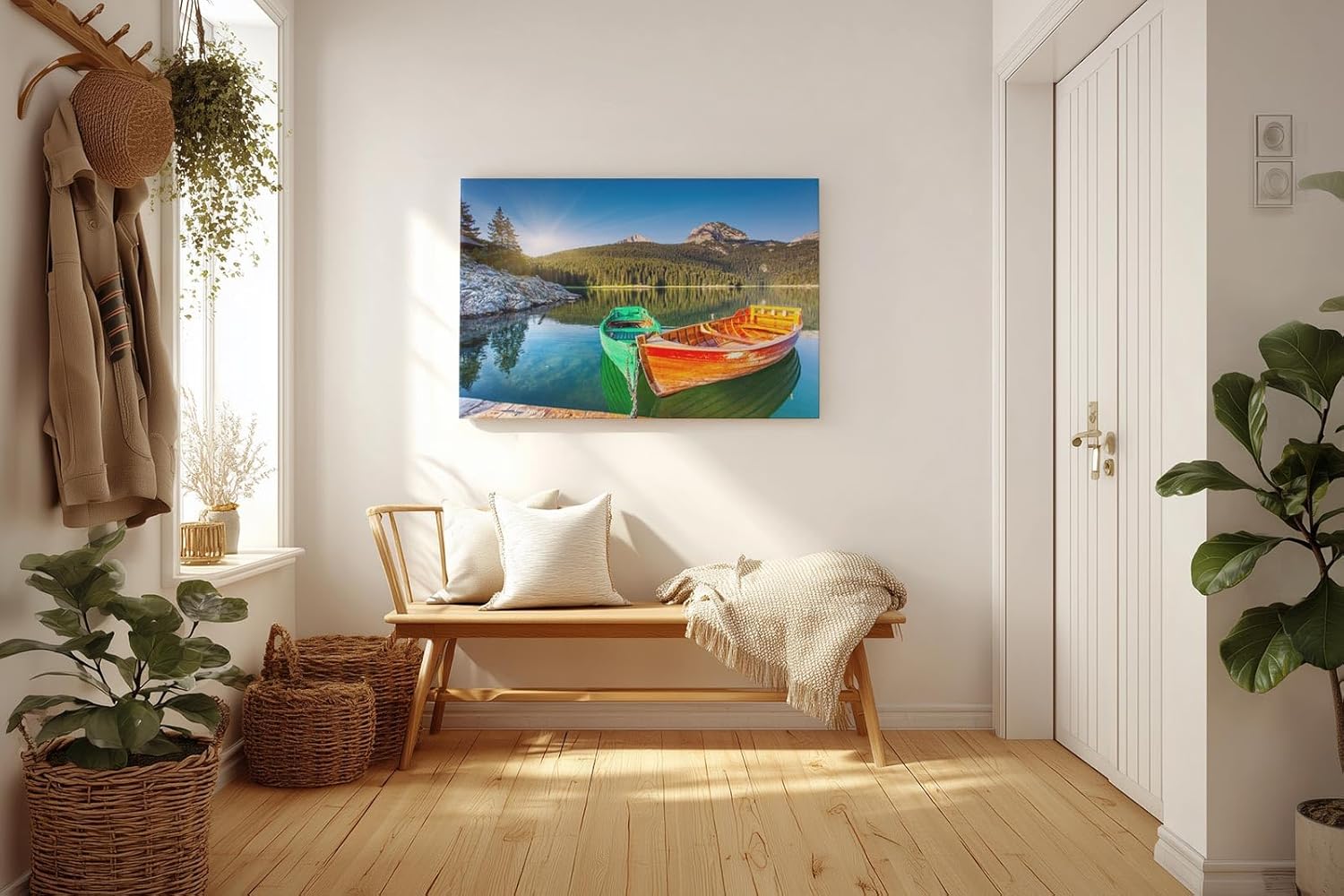 Sinus Art Wandbild 120x80cm Farbkräftige Boote auf spiegelndem Wasser mit Wald und Bergen im Hintergrund