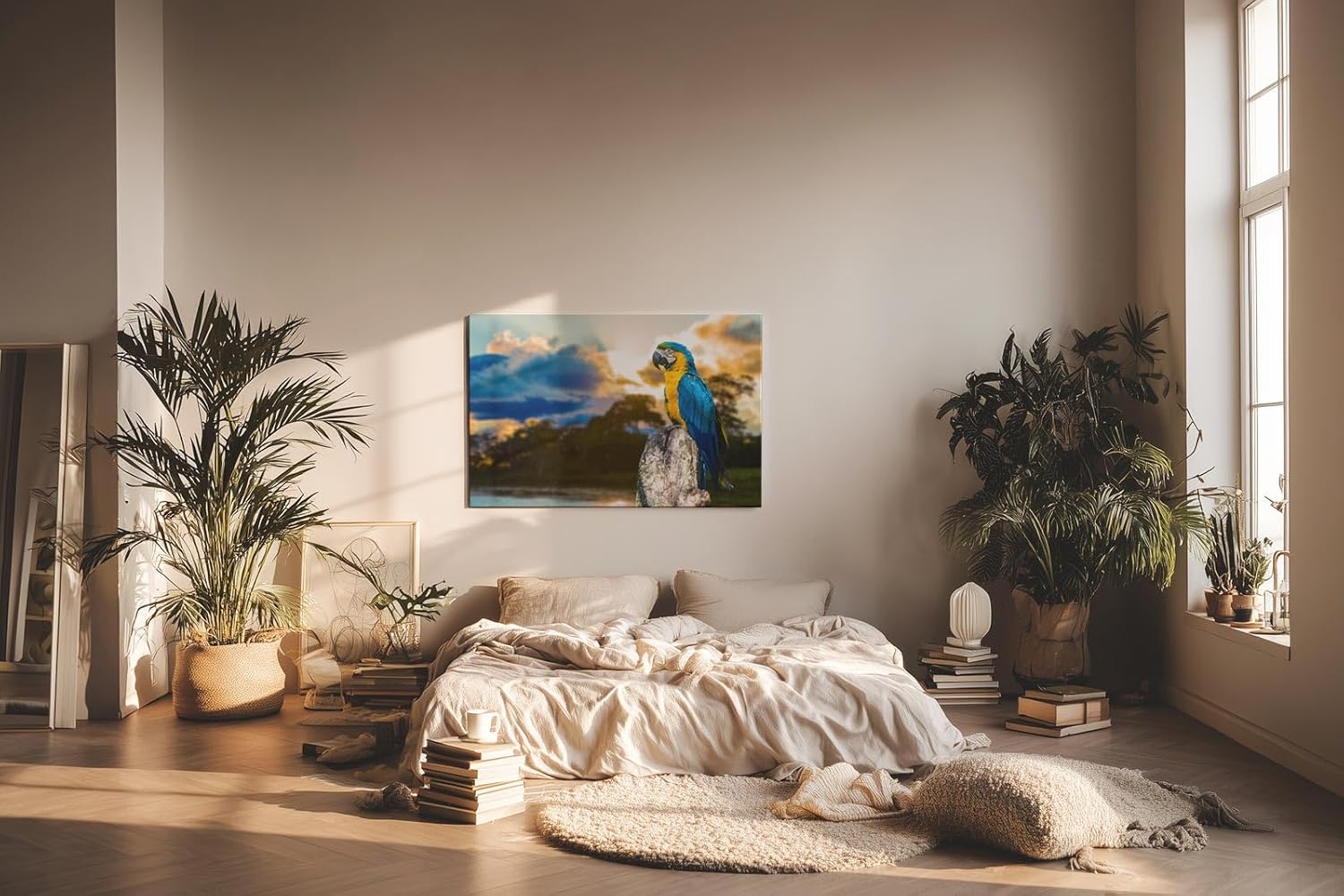 Sinus Art Wandbild 120x80cm Farbenfroher Ara auf Baumstamm mit stimmungsvoller Himmelsszenerie in der Natur