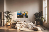 Sinus Art Wandbild 120x80cm Farbenfroher Ara auf Baumstamm mit stimmungsvoller Himmelsszenerie in der Natur