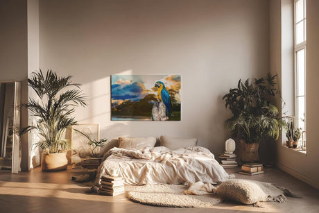 Sinus Art Wandbild 120x80cm Farbenfroher Ara auf Baumstamm mit stimmungsvoller Himmelsszenerie in der Natur