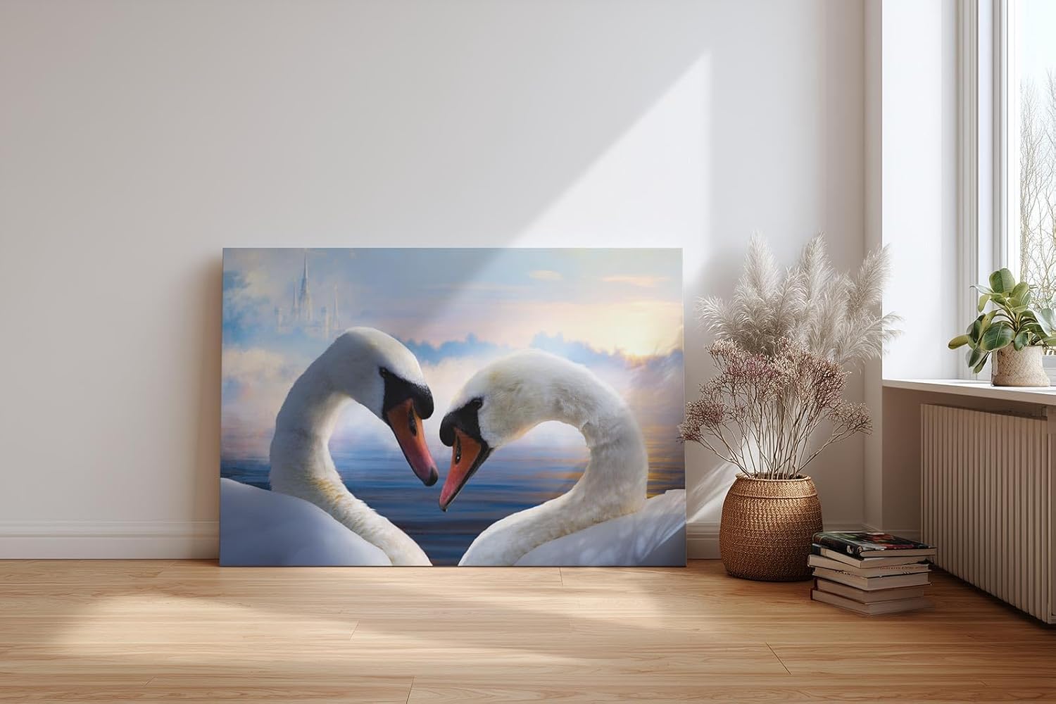 Sinus Art Wandbild 120x80cm Romantisches Schwanenmotiv mit Herzform und märchenhaftem Hintergrund