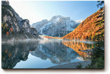 Sinus Art Wandbild 120x80cm Spiegelglatter See vor verschneiten Bergen und herbstlich gefärbtem Wald