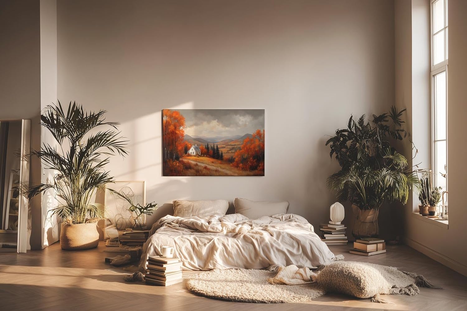 Sinus Art Wandbild 120x80cm Malerisches Motiv mit Hügeln, buntem Laub, weißem Haus und weitem Blick in herbstlicher Stimmung