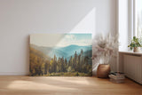 Sinus Art Wandbild 120x80cm Weiche Hügelketten mit bewaldeten Flanken im Sonnenlicht für ruhige Raumatmosphäre