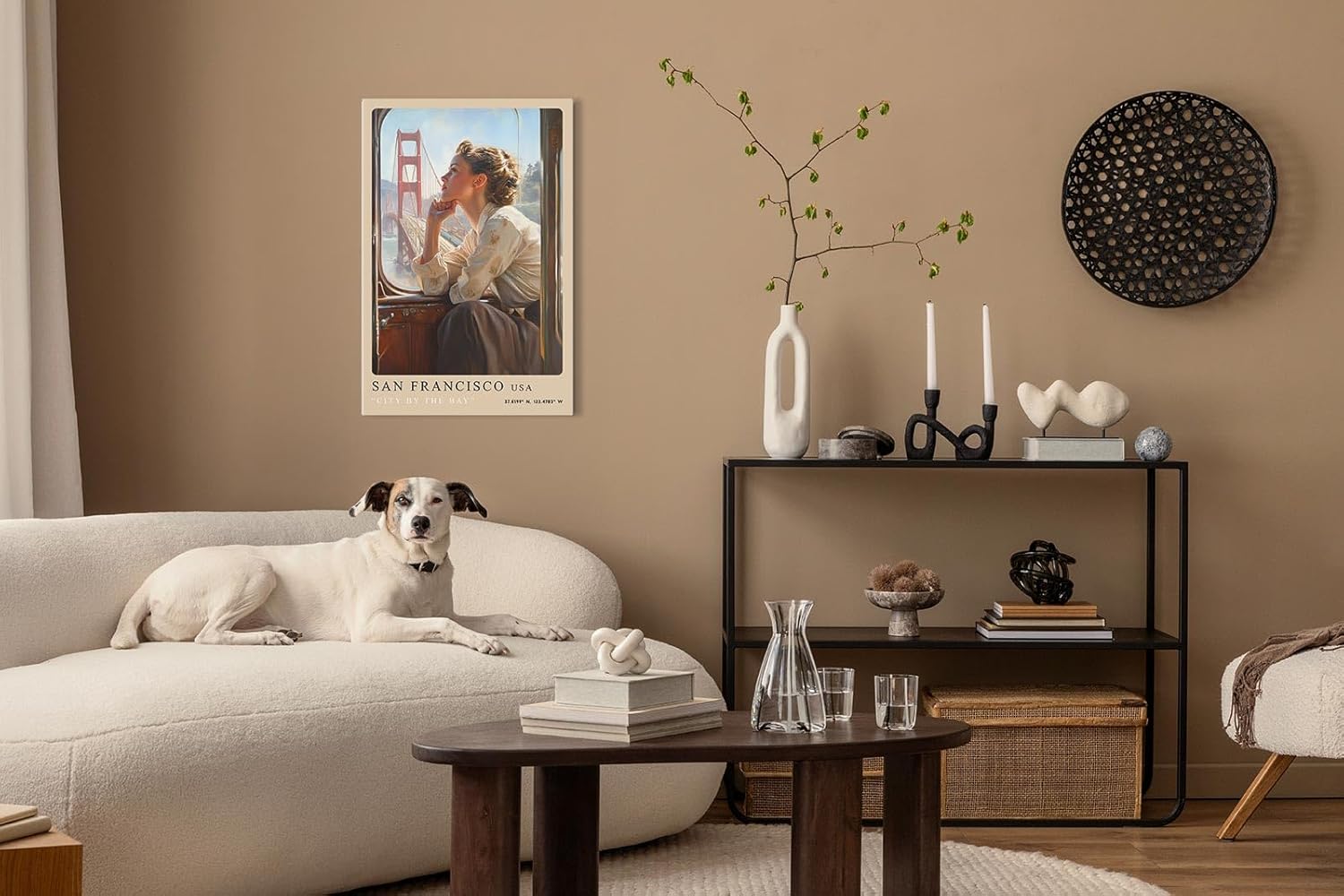 Paul Sinus Leinwandbild 60x90cm City by the Bay – San Francisco, Golden Gate Bridge, Nostalgie, Reise, Retro, Vintage, Romantik, Frau, Bahn