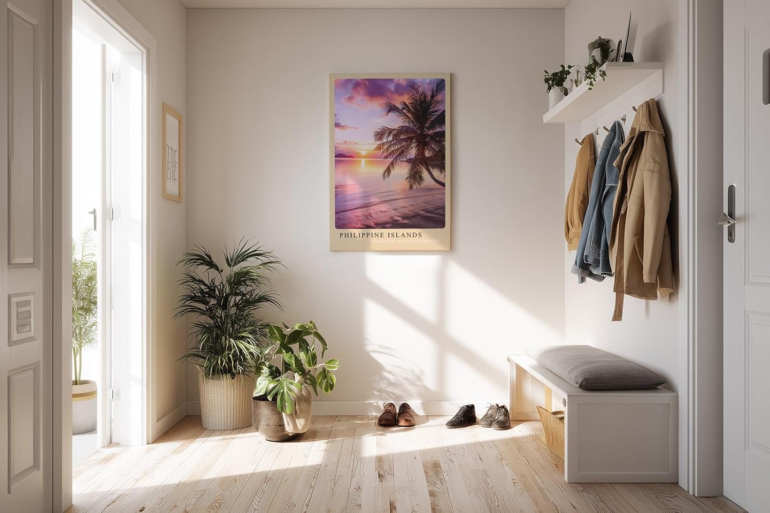 Paul Sinus Kunstdruck 40x60cm Philippinen mit Palme am Meer – tropischer Sonnenuntergang auf einsamem Strand