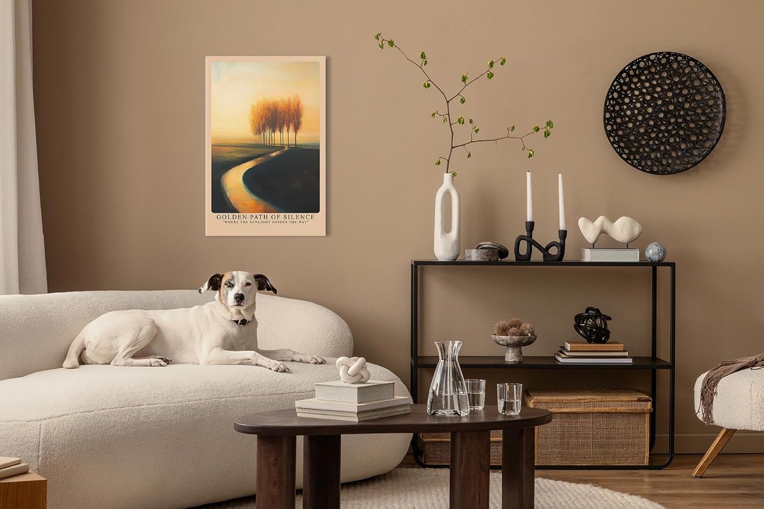 Paul Sinus Leinwandbild 60x90cm Golden Path of Silence – Mystischer Sonnenweg mit goldenen Herbstbäumen in sanftem Licht