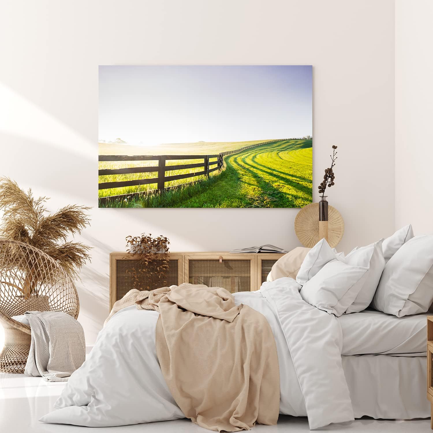 Paul Sinus Wandbild 120x80cm Wiese Felder Grün Landschaft Sonnenschein Holzzaun