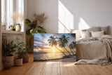 Sinus Art Wandbild 120x80cm Stimmungsvolles Motiv mit Palmen, Sandstrand und Sonnenuntergang – ideal für entspannte Raumgestaltung