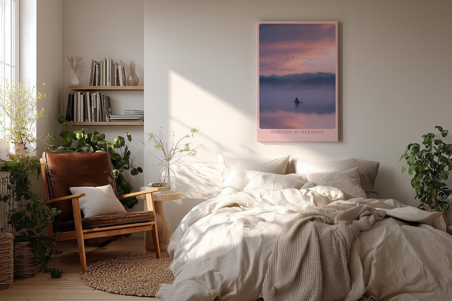 Paul Sinus Wandbild in 40x60cm Boot auf nebligem See bei Sonnenaufgang mit Bergen und Vogelschwarm im Hintergrund