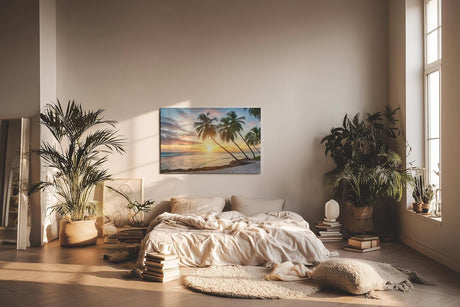 Sinus Art Wandbild 120x80cm Stimmungsvolles Motiv mit Palmen, Sandstrand und Sonnenuntergang – ideal für entspannte Raumgestaltung