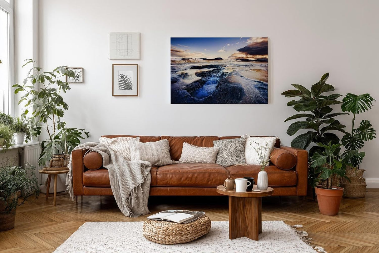 Sinus Art Wandbild 120x80cm Faszinierende isländische Lavalandschaft mit Geysiren, Felsen und dramatischem Himmel