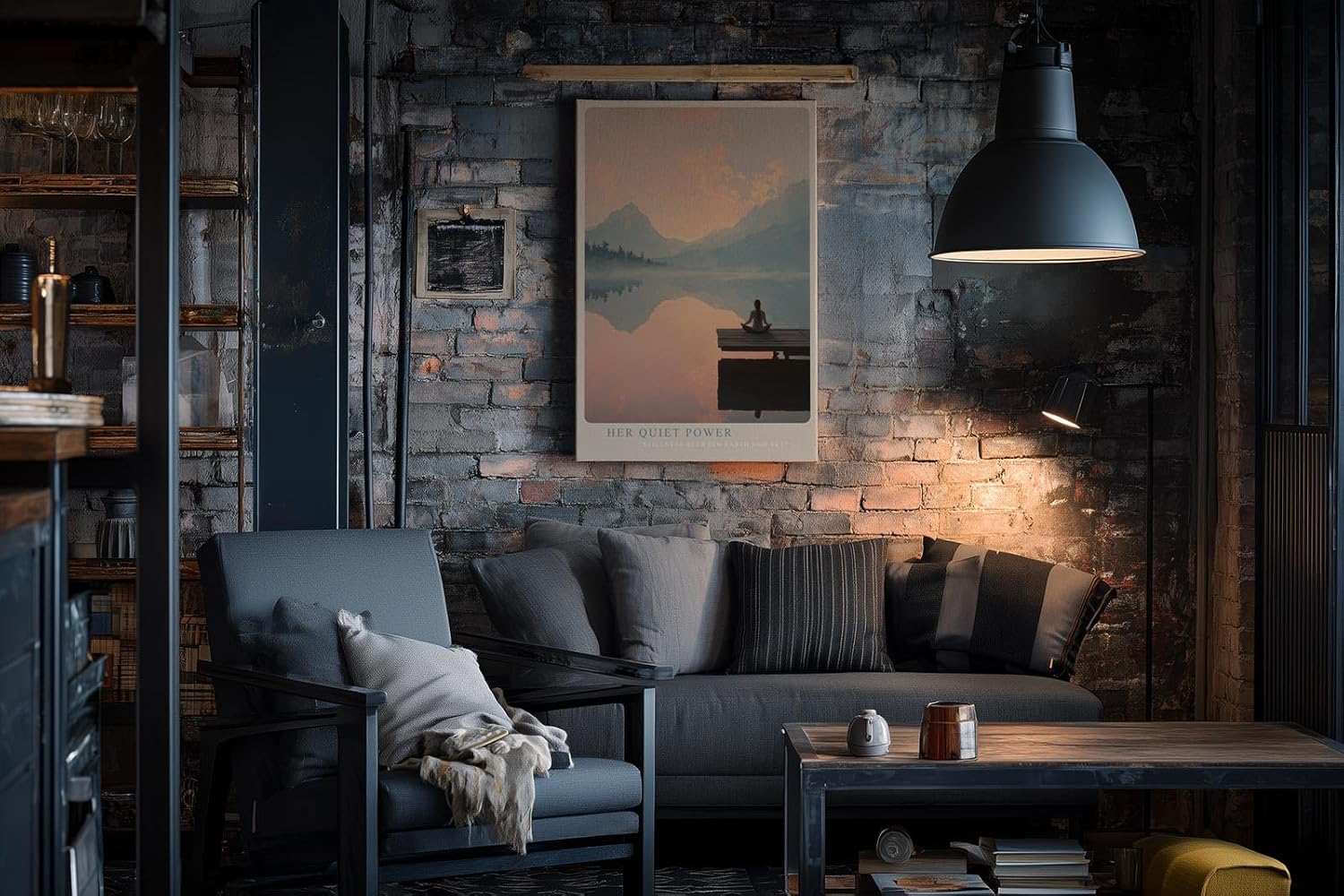 Paul Sinus Wandbild in 40x60cm Her Quiet Power – Meditatives Landschaftsmotiv mit Frau auf einem Steg, Blick auf spiegelnden See und Berge im Sonnenaufgang, moderne Bilder in sanften Farbtönen
