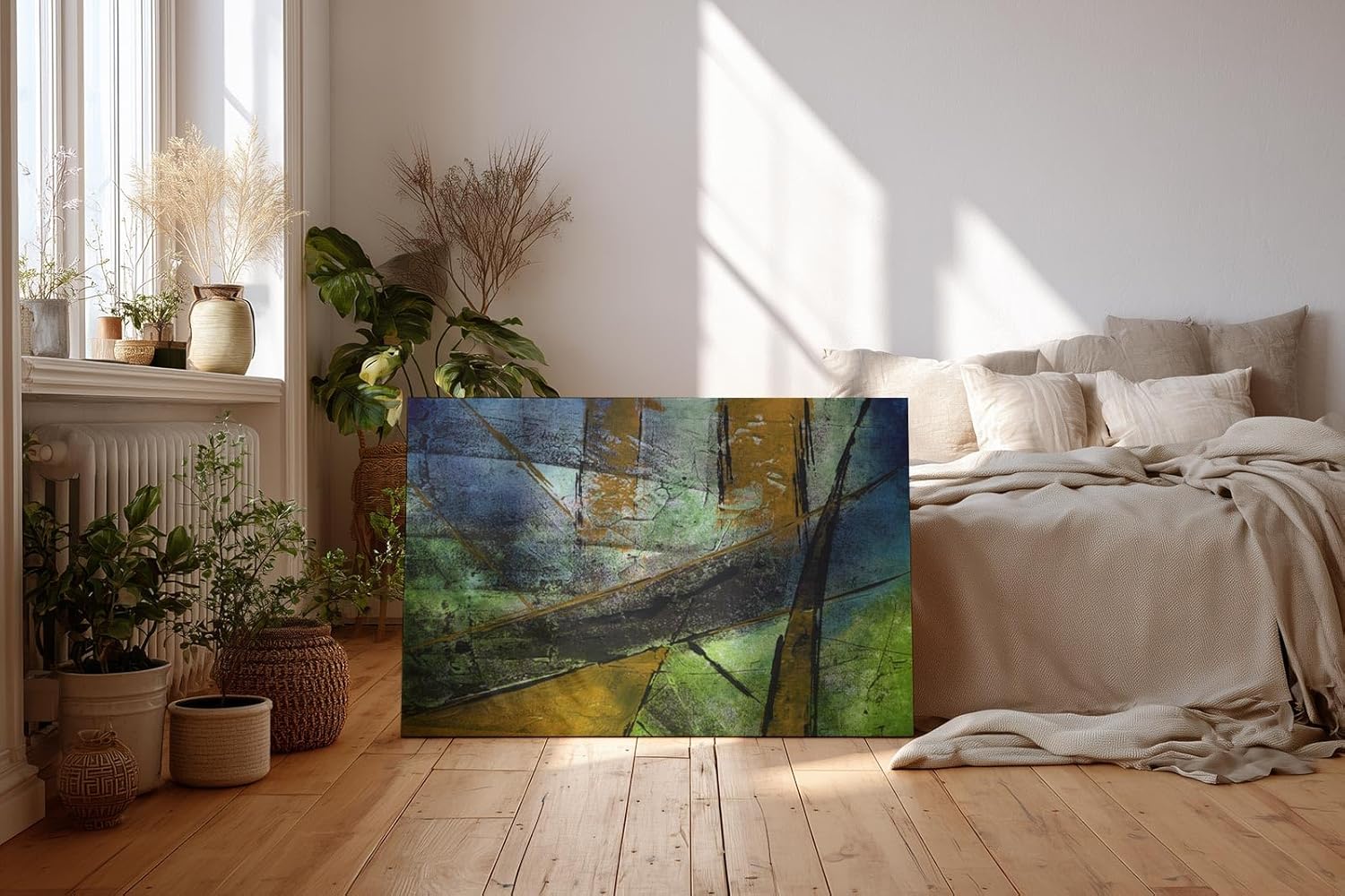 Sinus Art Wandbild 120x80cm Schräge Linien und Flächen in Blau, Grün, Ocker und Schwarz mit Texturwirkung