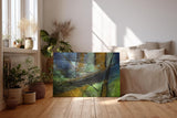 Sinus Art Wandbild 120x80cm Schräge Linien und Flächen in Blau, Grün, Ocker und Schwarz mit Texturwirkung