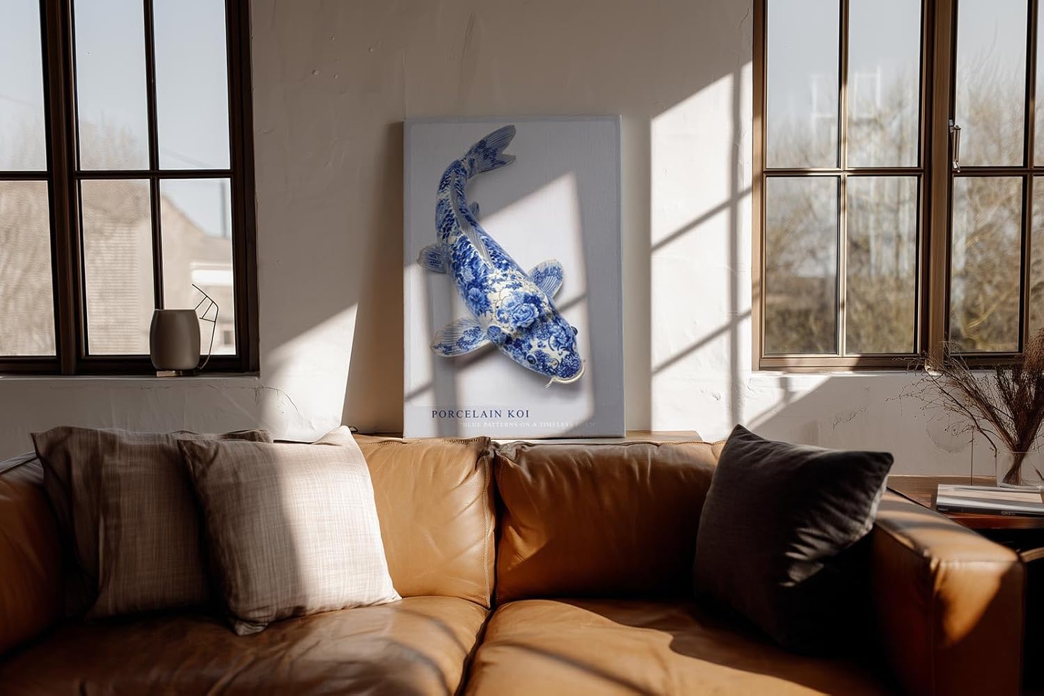 Paul Sinus Wandbild in 40x60cm Porcelain Koi – edler Koi-Fisch in filigraner Blau-Weiß-Porzellanoptik mit kunstvollen Mustern