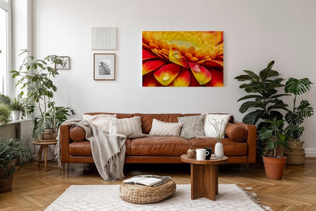 Sinus Art Wandbild 120x80cm Rote und gelbe Gerbera-Blüte mit Wassertropfen – ausdrucksstark, frisch und kraftvoll