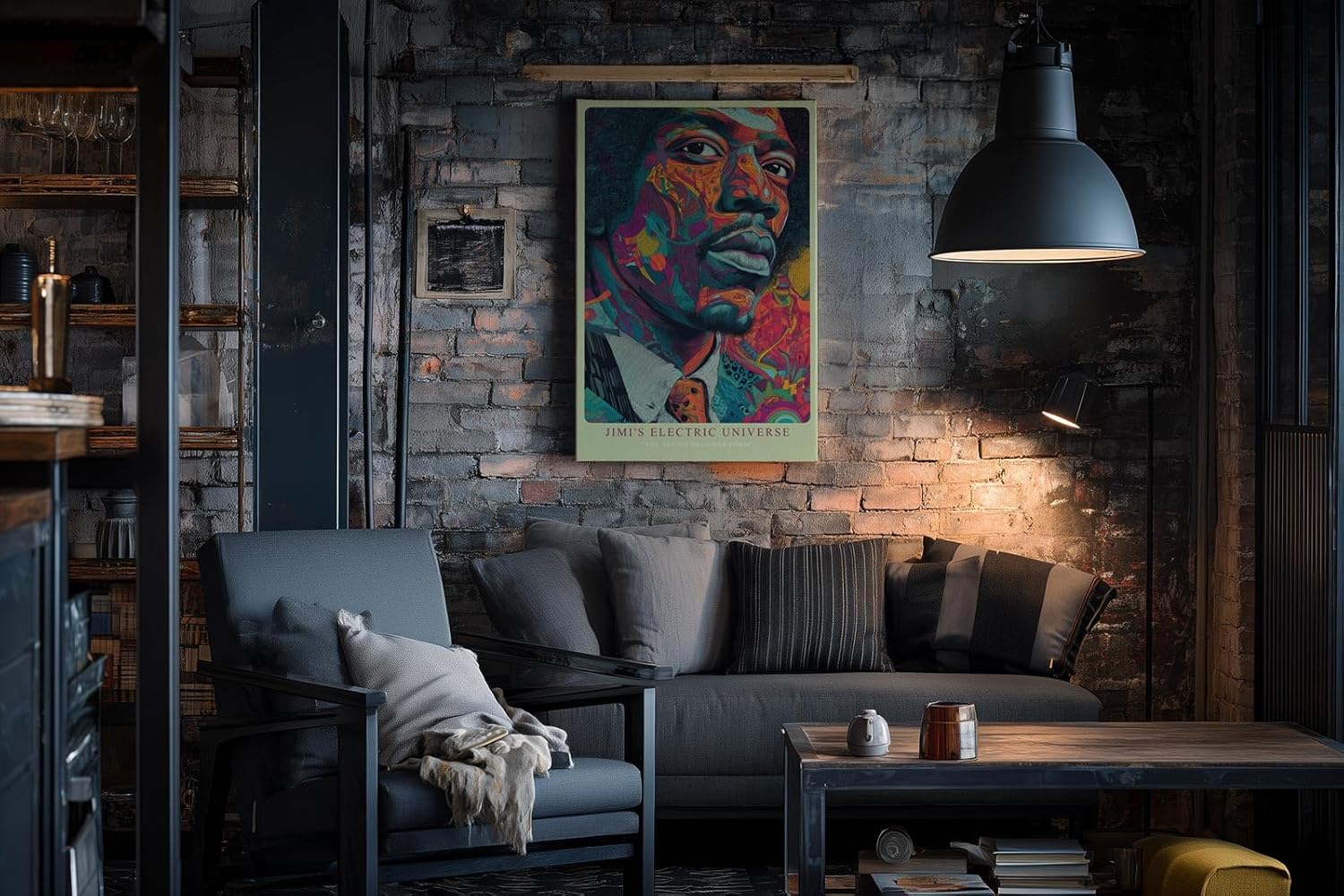 Paul Sinus Wandbild in 40x60cm Jimi's Electric Universe Buntes Musikerportrait mit psychedelischen Mustern