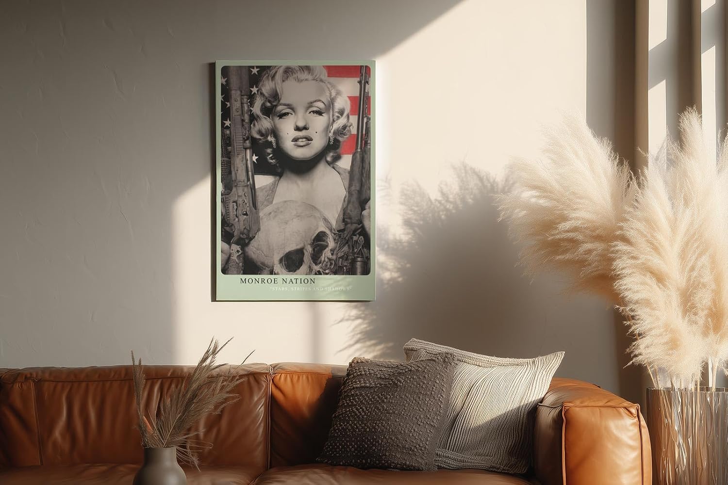 Paul Sinus Wandbild in 40x60cm Marilyn Monroe mit Gewehren in Schwarz-Weiß vor US-Flagge – ausdrucksstarkes Pop-Art-Porträt