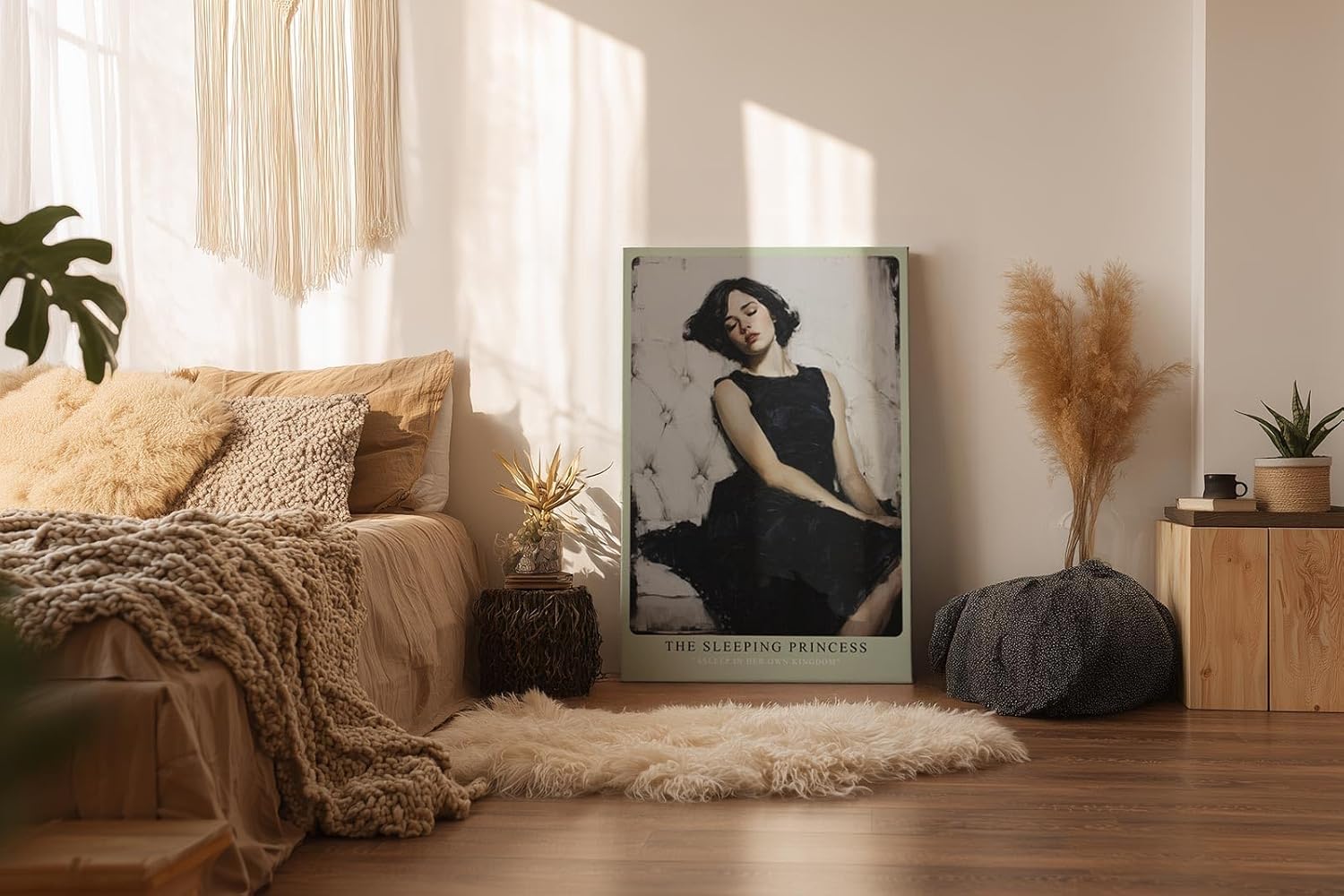 Paul Sinus Wandbild in 40x60cm Frau im schwarzen Kleid auf weißem Sofa – elegantes Porträt mit sanfter Ausstrahlung